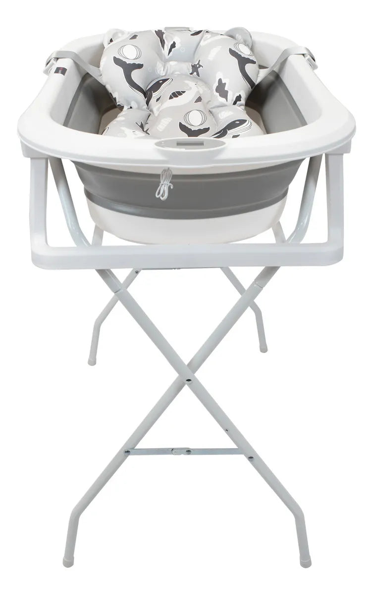 Bañera Plegable Con Soporte Y Cojín Stand Happy Baby Color Gris