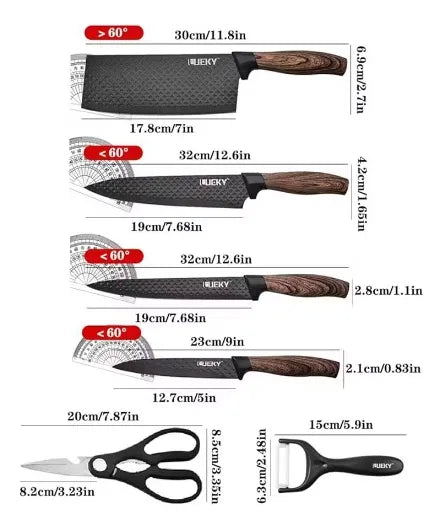 Set Cuchillos 6 Piezas Profesional Cocina Diseño Relieve Negro