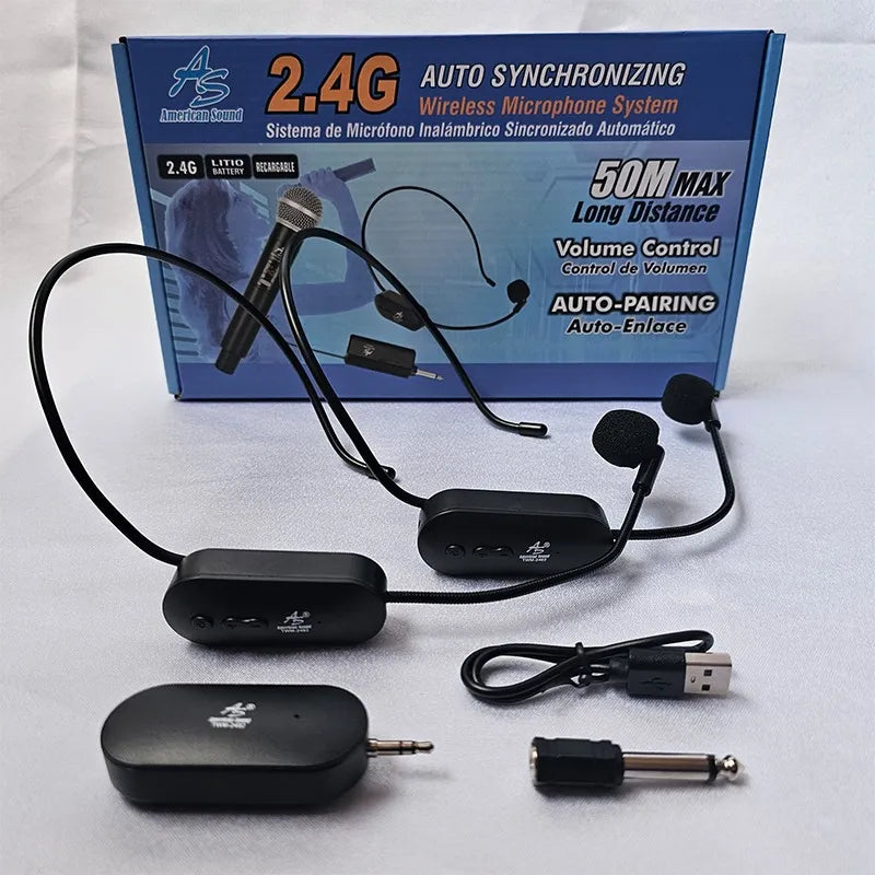 Microfono Doble Diadema Inalambricas 2.4g Receptor Plug Color Negro