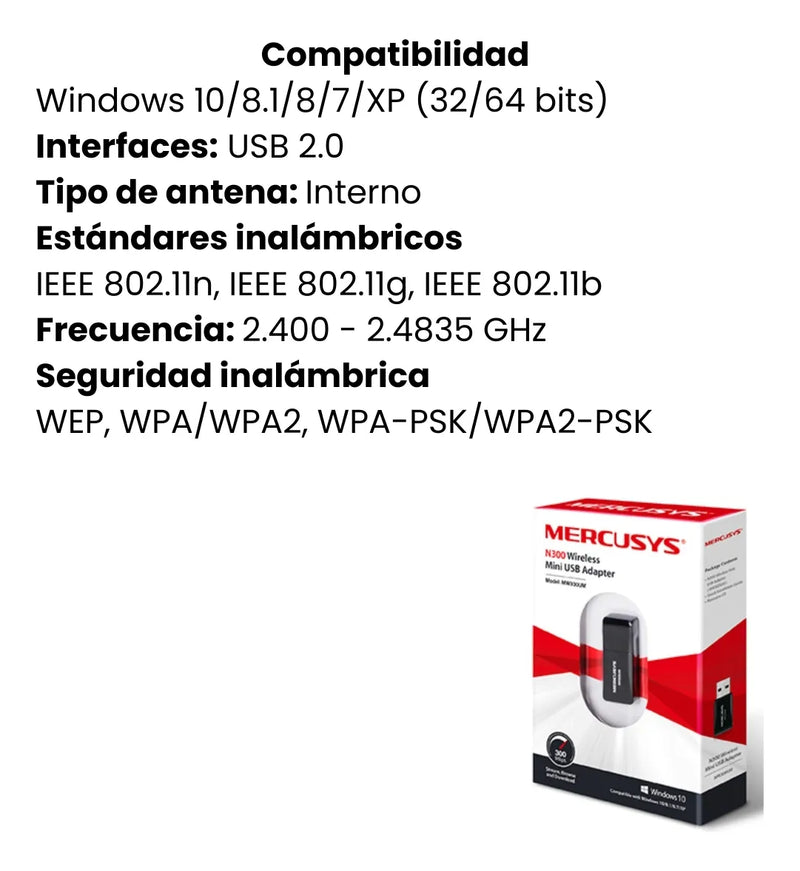 Adaptador De Red Mercusys Extensor Wifi Usb 300mbps Mw300um