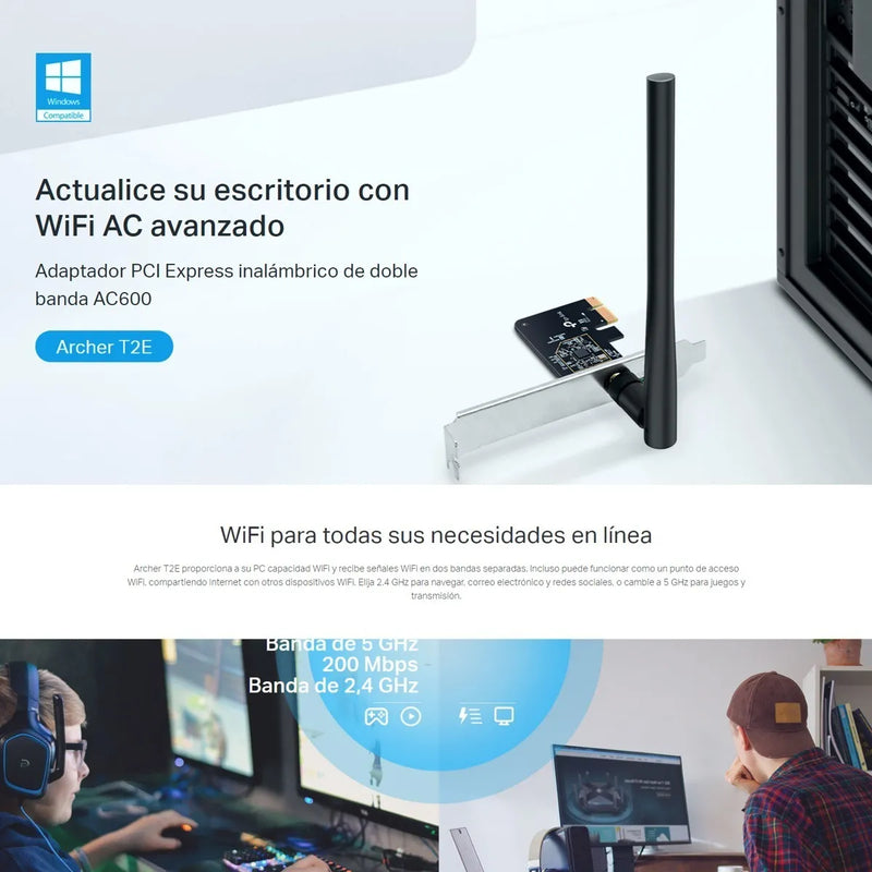 Tarjeta De Red Pci-e Wifi Dualband Ac600, Tp-link Archer T2e