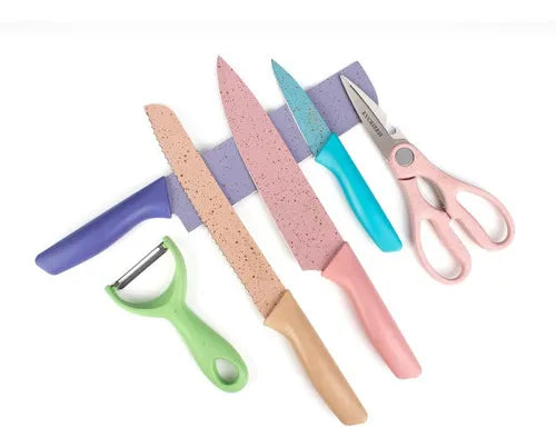 Set Cuchillos 6 Pzs Acero Inoxidable Mármol Mango Ergonómico Pastel