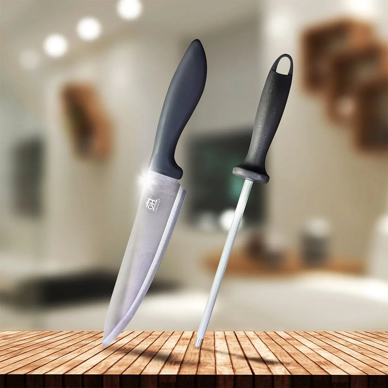 Set 2 Piezas Cuchillo Chef + Afilador | Acero Inoxidable Negro
