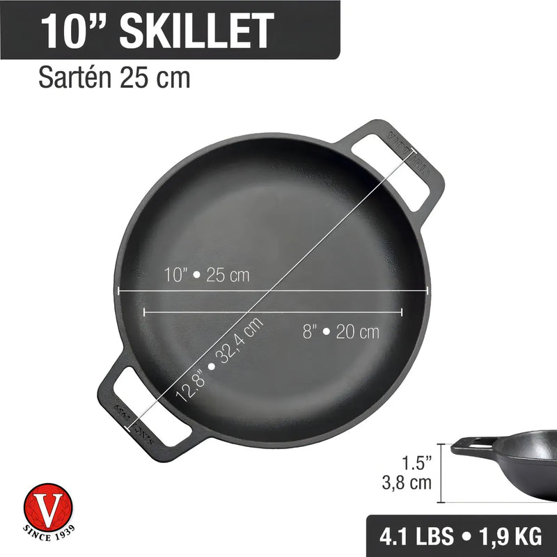Sartén Doble Asa De Hierro Fundido Curado Victoria® 25 Cm Color Negro