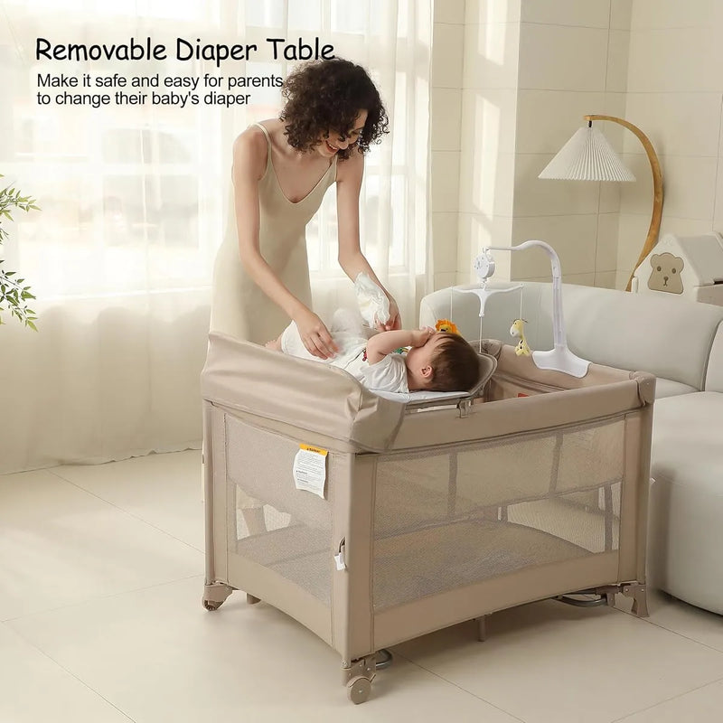Cuna Plegable 5 En 1 Con Cambiador Y Música Beige
