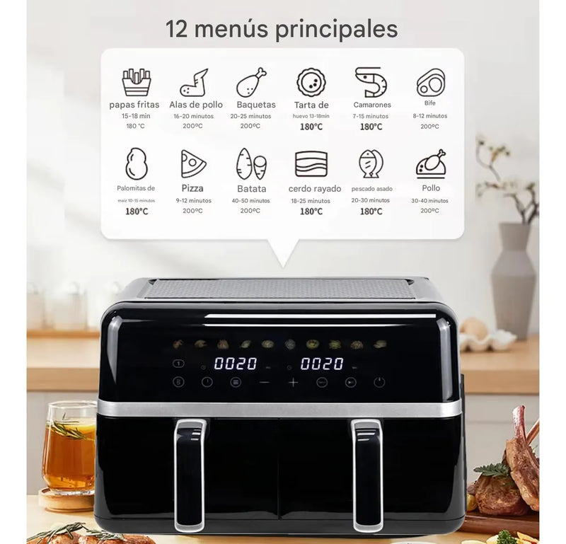 Freidora De Aire Inteligente 2 Puestos Independientes - 9ltr Negro