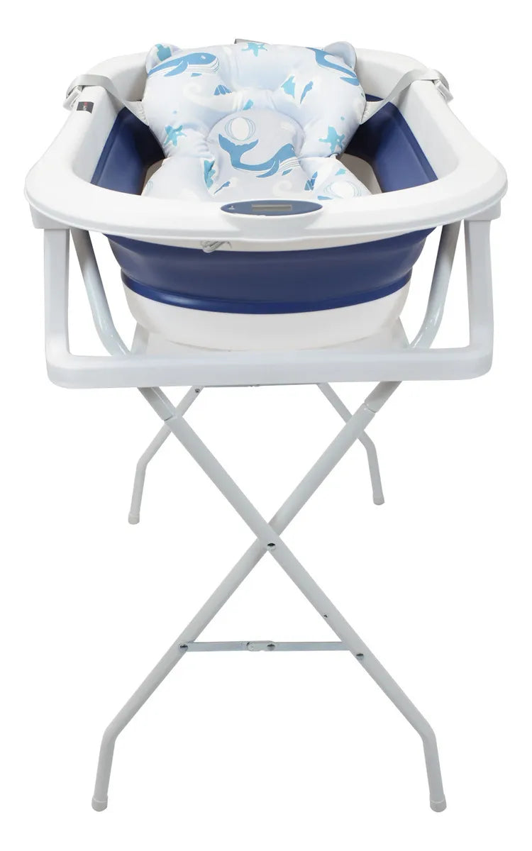Bañera Plegable Con Soporte Y Cojín Stand Happy Baby Color Azul