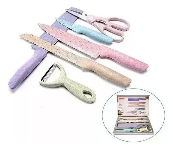 Juego De Cuchillos Set X6 Piezas Colores Pastel + Estuche Pateles