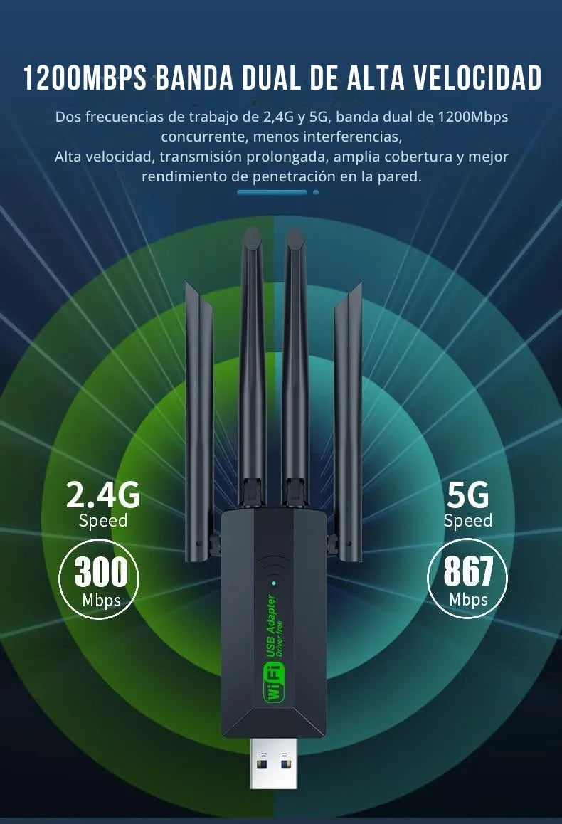 Adaptador Wifi Usb 5g Dual Band 1200 Mbps Receptor 4 Antenas