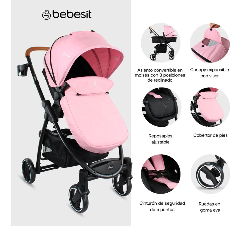 Coche De Bebé Bebesit Gold Lx Tipo Moisés Rosado Chasis Negro