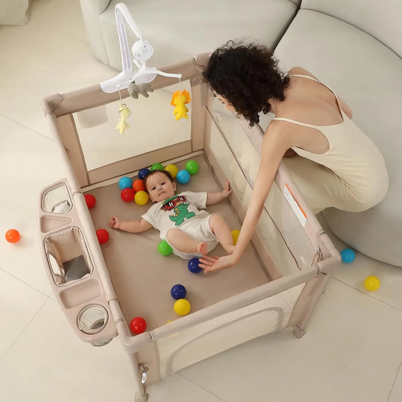 Cuna Plegable 5 En 1 Con Cambiador Y Música Beige