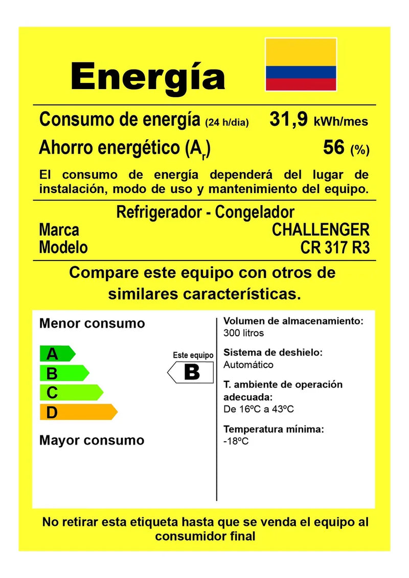 Nevera No Frost Challenger 317 Litros Brutos Serie Lumina Color Titanium