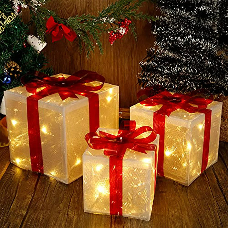 Set De 3 Cajas Decorativas Navideñas Con Luces Led Y Lazos R