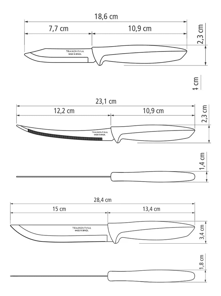 Cuchillos Tramontina Plenus en Acero Inoxidable y Polipropileno Negro 6 Piezas