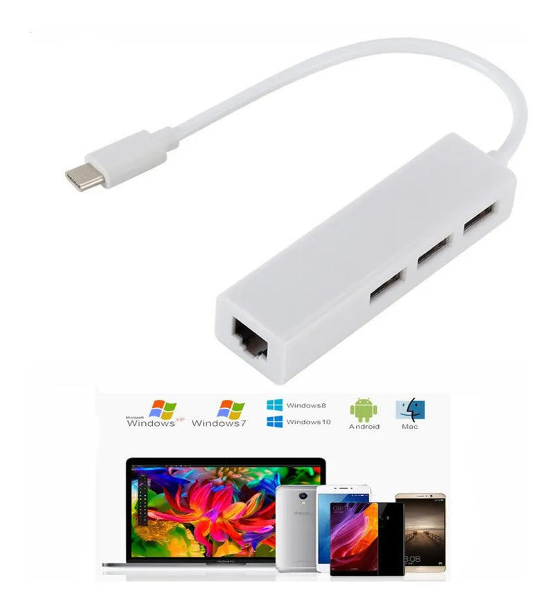 Adaptador De Usb Tipo C A A Rj45 Base 100+ 3 Puertos Usb 2.0