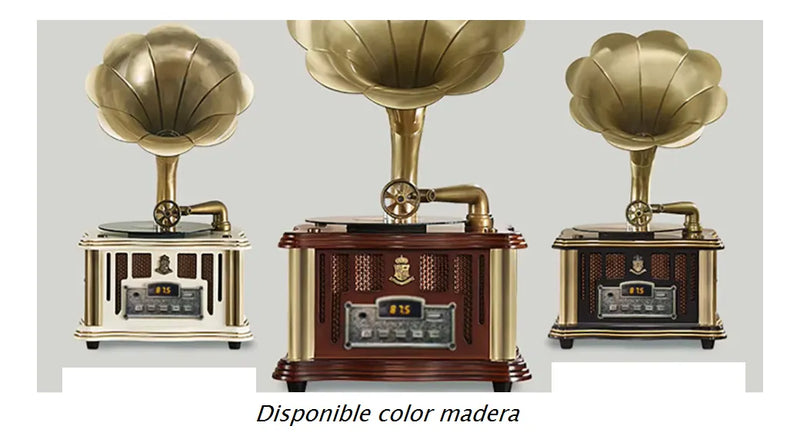 Altavoz Fonógrafo Vintage Estereo, Super Bass De Lujo Madera Con Dorado