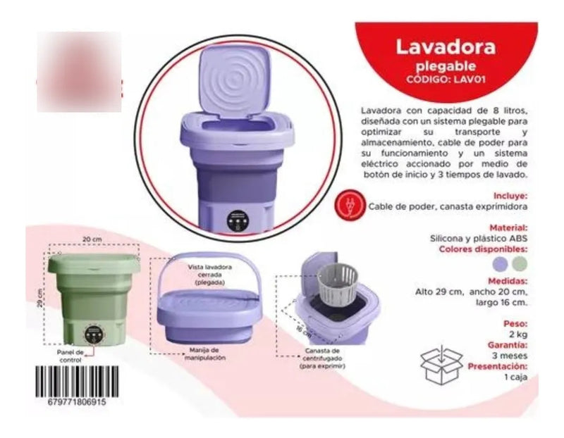 Mini Lavadora Electrica Portátil Plegable Morado