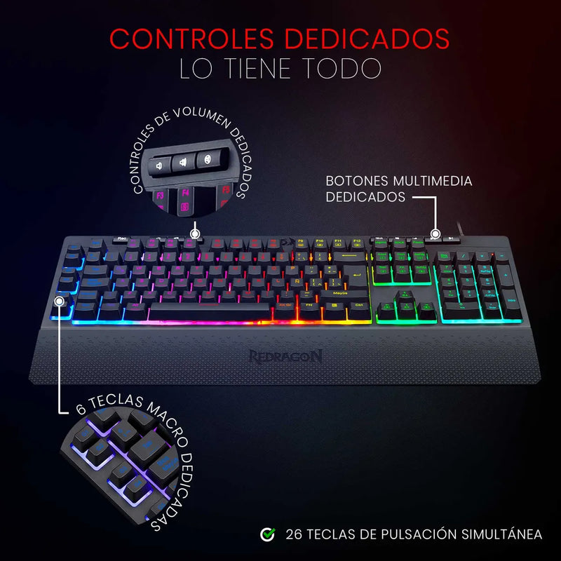 Teclado Gamer Redragon Shiva K512 RGB QWERTY Español Latinoamérica Color Negro con Luz RGB