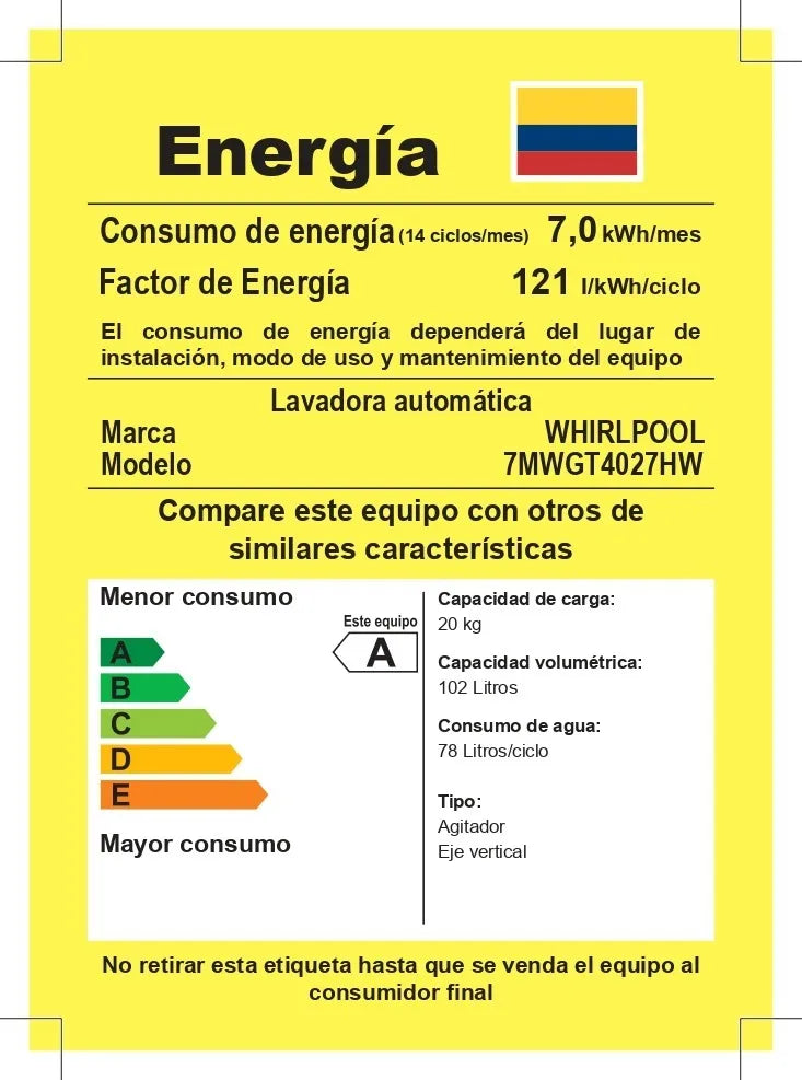 Torre De Lavado Whirlpool A Gas He 20kgs - Blanca 7mwgt4027h Color Blanco