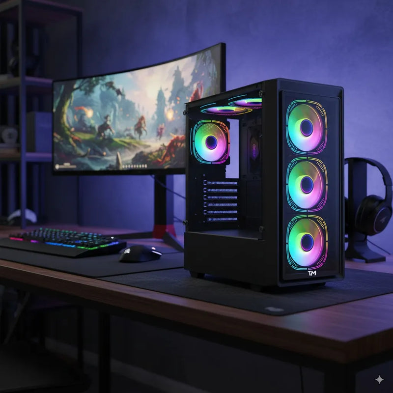 Chasis Gamer Aerox Atx Gabinete Vidrio Templado + 6 Fan Argb Negro