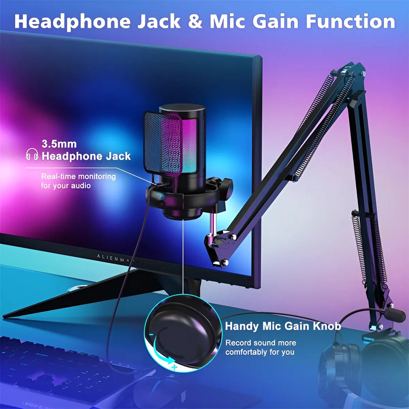 Micrófono Con Soporte de Brazo Condensador Cardioide USB para Gamer Para Pc Para Celular Tipo C Podcast streaming Luuk Young U850B Negro