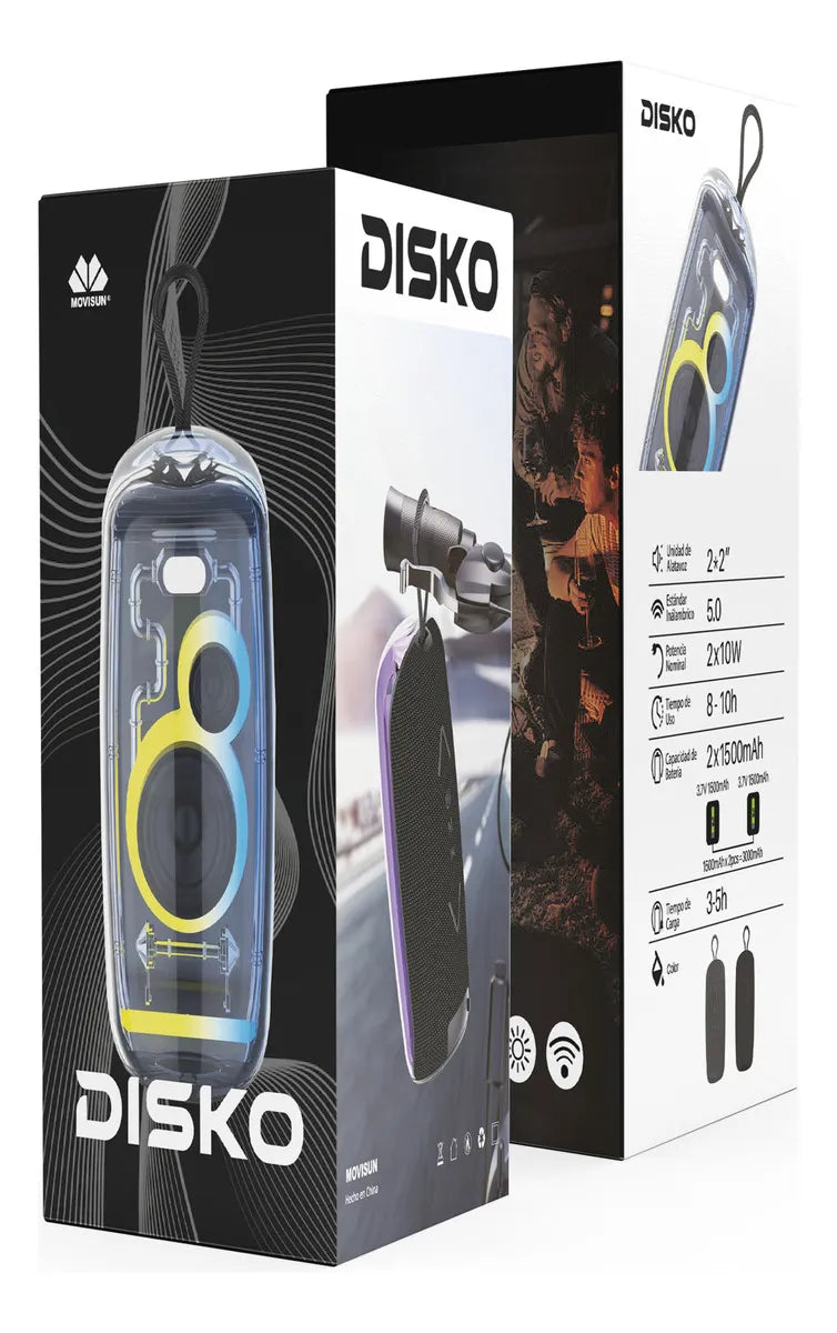 Parlante Movisun Disko 16w Potencia Tws Luz Rgb De 360° Color Negro