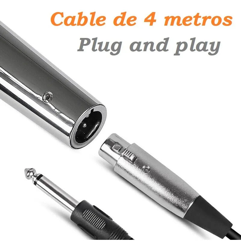 Microfono Profesional Metalico, Cable De 4 Metros Plug 6.3mm Plateado