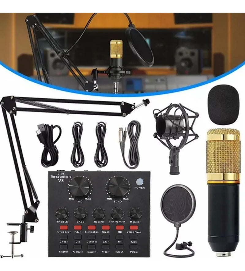 Micrófono Profesional Condensador+brazo+tarjeta Sonido V8 Dorado