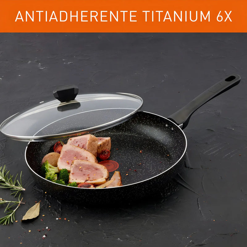 Sartén Imusa Titanium Force 30cm Antiadherente Tapa Vidrio Color Negro