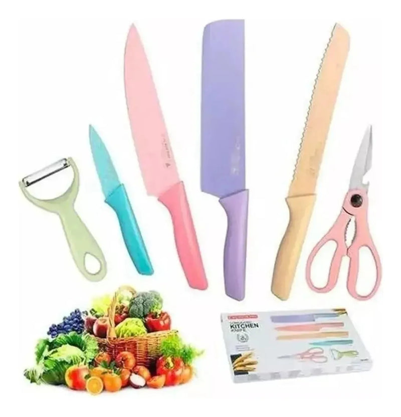 Juego De Cuchillos Set X6 Piezas Colores Pastel + Estuche Pateles