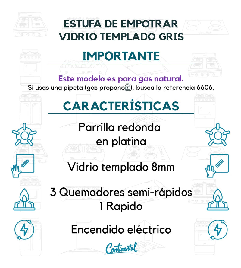 Estufa De Empotrar Vidrio Templado 62x52cm Gas Natural 6583 Color Gris