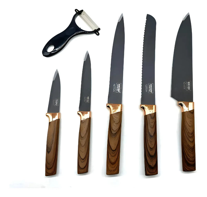 Set De 5 Cuchillos Mango De Madera + Pelador Juego Cuchillos Color Negro/madera