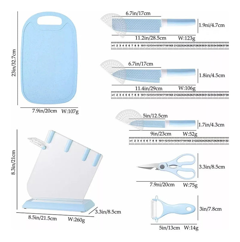 Set Cuchillos Tabla Pelador Tijeras De Cocina Azul/verde/negro