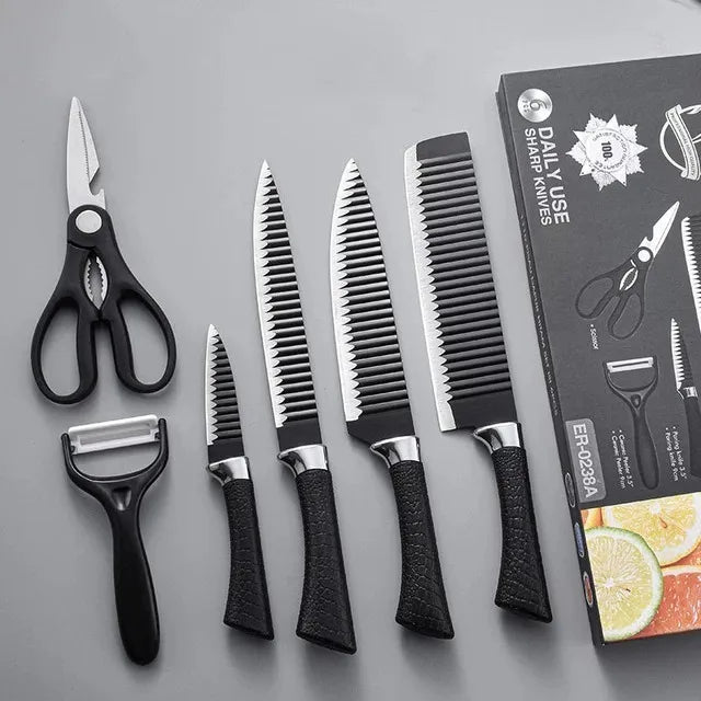 Juego Kit Set Cuchillos Todo En Uno 6 Piezas Profesionales Negro