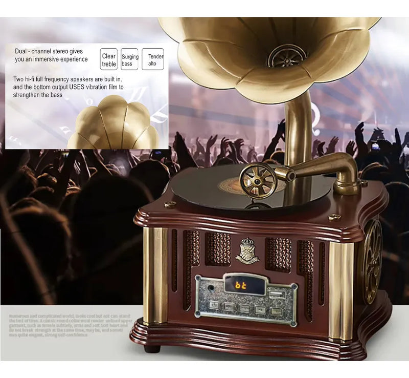 Altavoz Fonógrafo Vintage Estereo, Super Bass De Lujo Madera Con Dorado