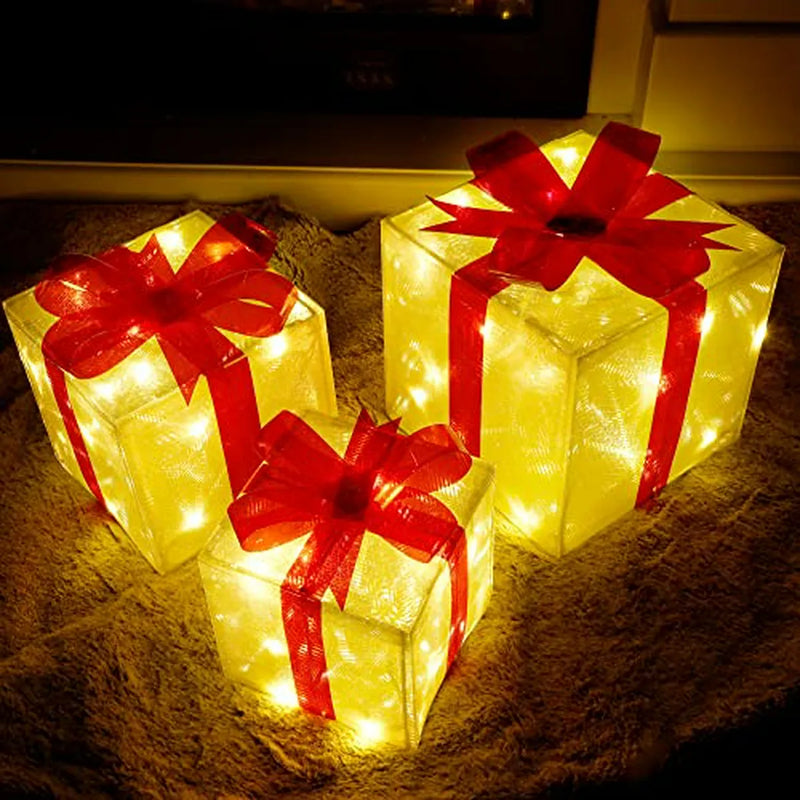 Set De 3 Cajas Decorativas Navideñas Con Luces Led Y Lazos R