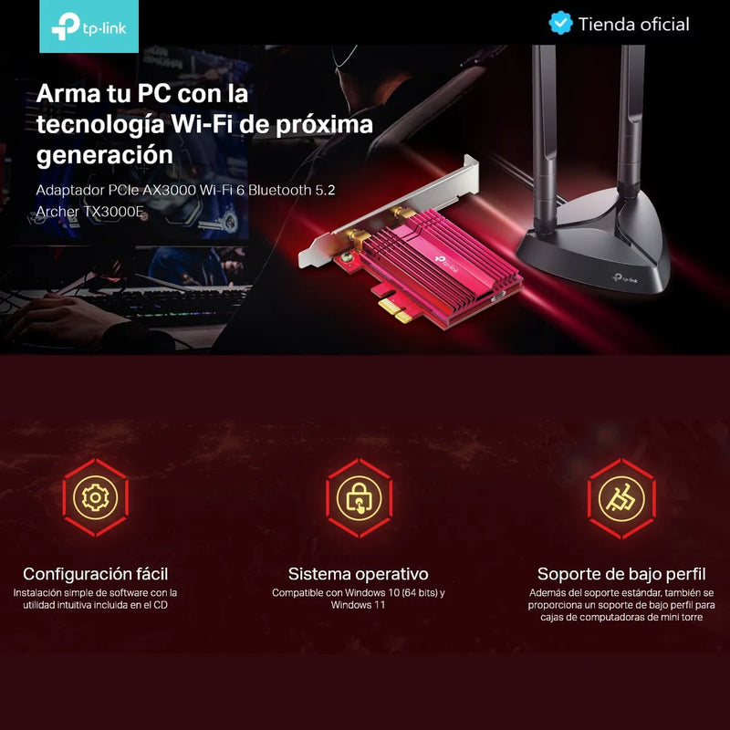 Tp-link, Tarjeta Pcie Wifi 6 Ax3000 + Bt 5.2, Archer Tx3000e