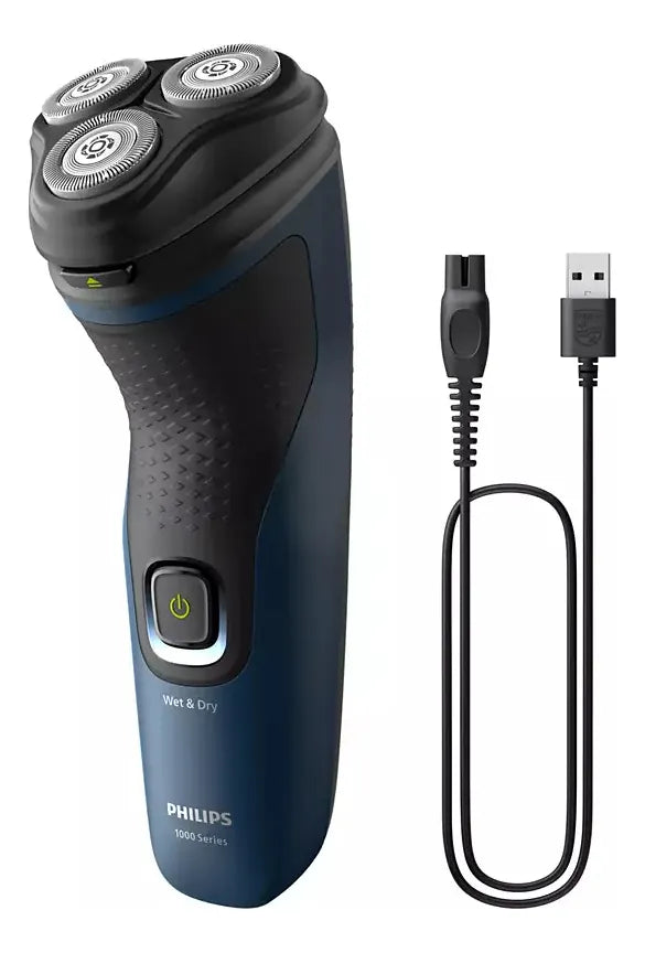 Afeitadora Philips Shaver Serie 1000, Húmedo y Seco Máquina de Afeitar, 27 Cuchillas Auto Afilables PowerCut, Cabezales Flotantes 3D, Azul Malibu, Modelo S1151/00