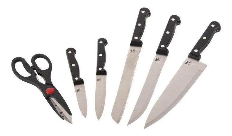 Set 5 Cuchillos En Acero + Tijera Con Base En Madera Just Hc