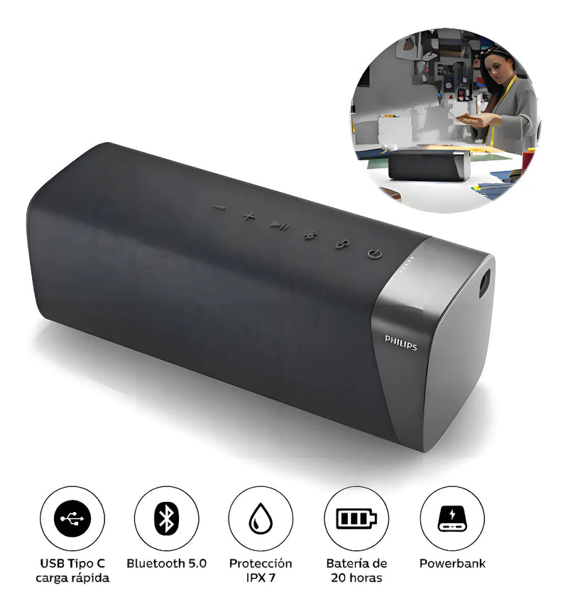 Bocina Philips Tas7505/00 Portátil Con Bluetooth Carga Celulares Color Gris