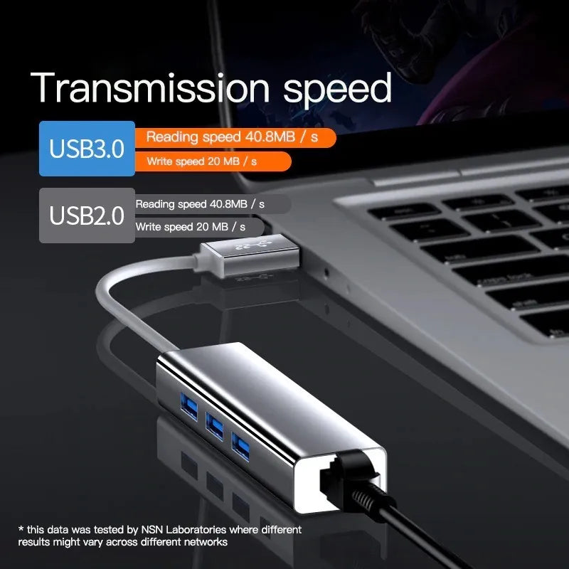 Adaptador De Red Usb 3.0 A Rj45 Ethernet + Hub 3.0 Multipuer