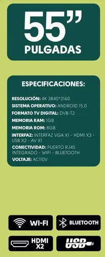 Smart Tv 55 Onn 4k Android 15 + Magis Tv + Control Voz