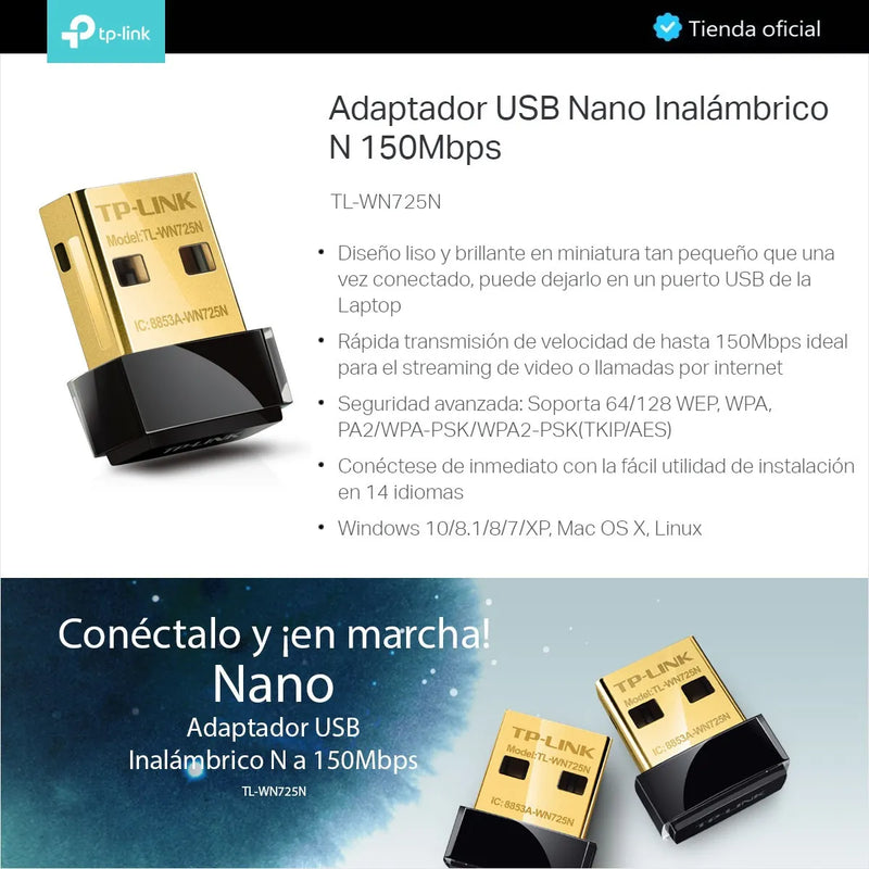 Tp-link, Tarjeta De Red Usb Nano Wifi 150mbps, Tl-wn725n