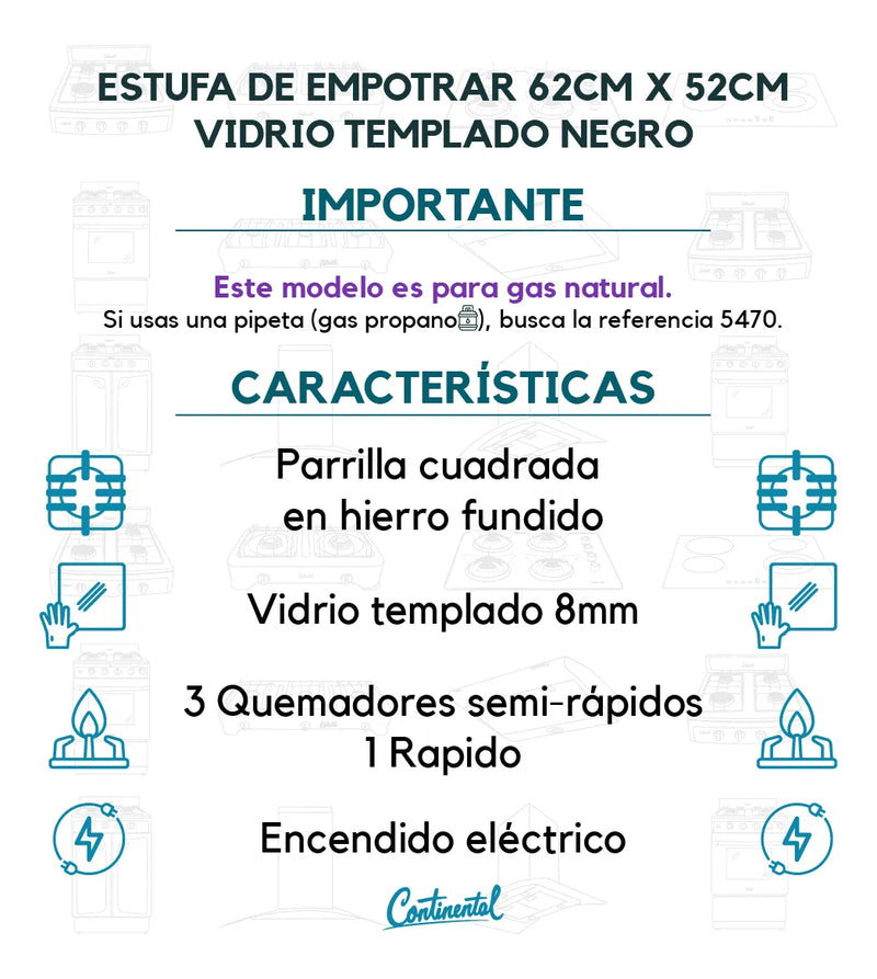 Estufa De Empotrar Vidrio Parrilla Hierro Fundido 5487 Gas Natural