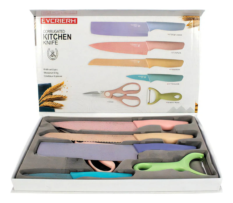 Set Cuchillos 6 Pzs Acero Inoxidable Mármol Mango Ergonómico Pastel