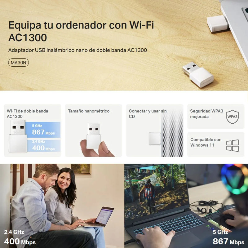 Adaptador Nano Usb Wifi Banda Dual Ac1300, Mercusys Ma30n