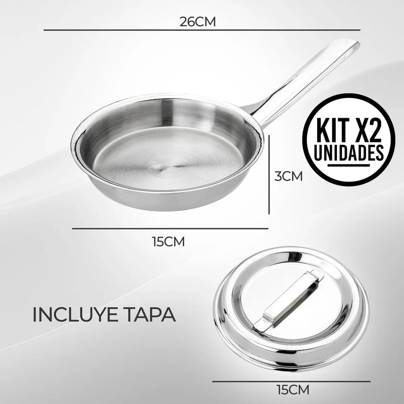 Set x2 Sartenes de Acero Quirúrgico 18/10 con Tapa, Cocina Gourmet Saludable, Alta Durabilidad, Antiadherente Natural sin Revestimientos, Apta para Todo Tipo de Estufas