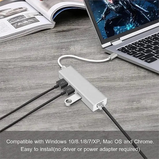 Adaptador De Red Tipo C A Rj45 Ethernet 3.0 + Hub 3.0 4en1
