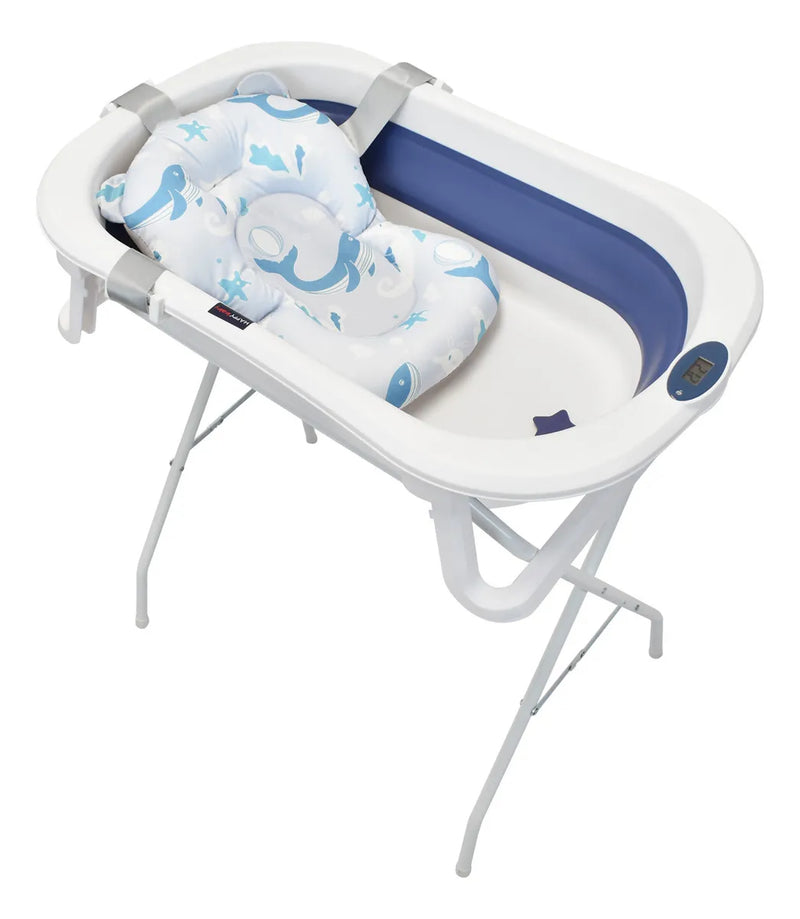 Bañera Plegable Con Soporte Y Cojín Stand Happy Baby Color Azul