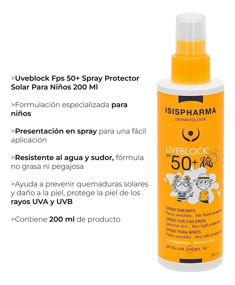 Protector solar infantil Isispharma Uveblock Uveblock Kids 50FPS en atomizador 200mL